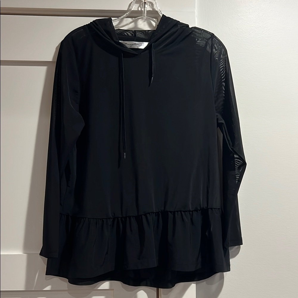 Black Sheer Hooded Long Sleeve Top